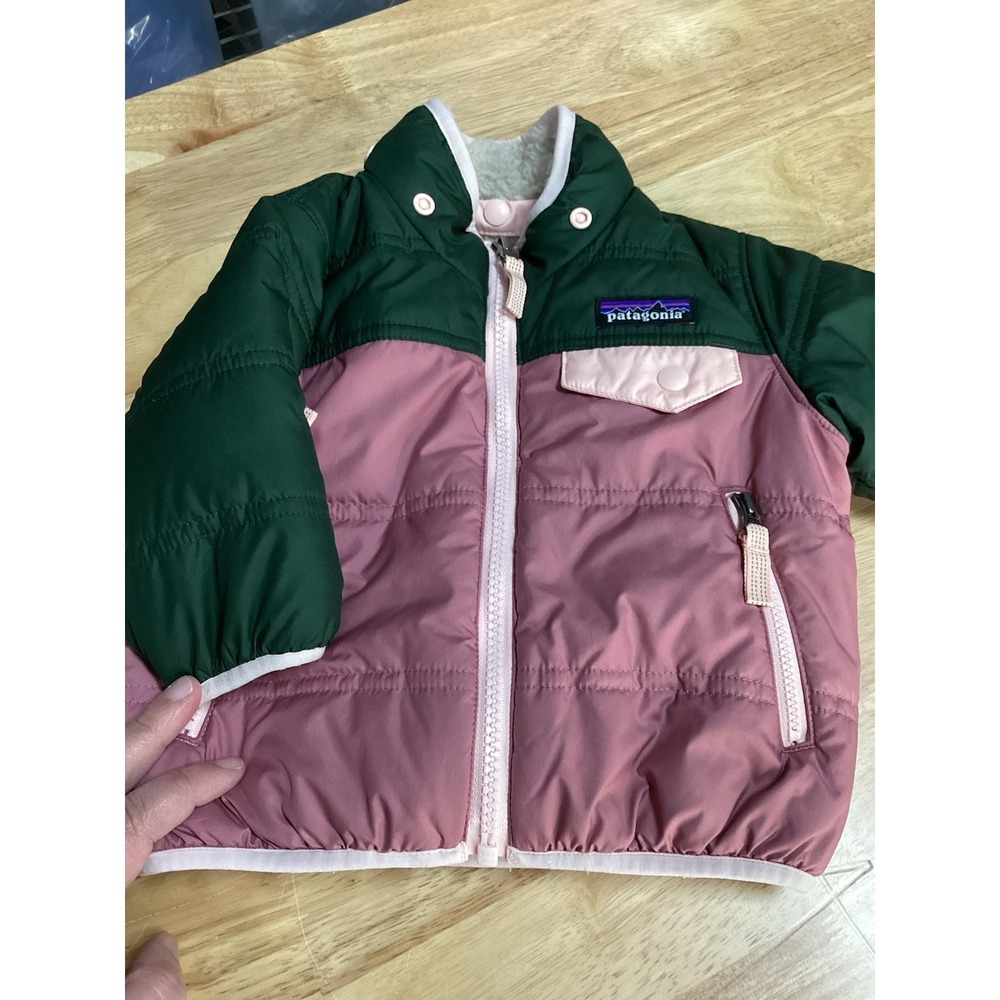 Baby Girl Patagonia Tribbles Reversible Jacket- Green/Mauve Pink- Missing Hood